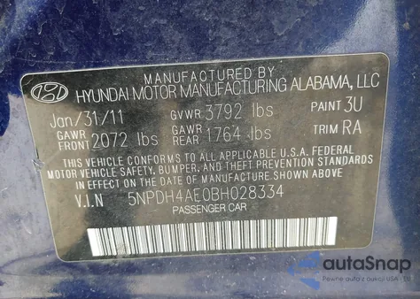 2011 Hyundai Elantra Gls z USA, uszkodzony, nr VIN 5NPDH4AE0BH028334